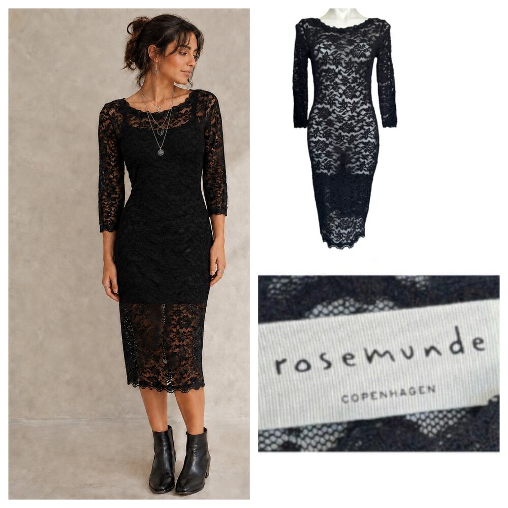 Rosemunde Copenhagen Black Sheer Lace Midi Dress Small Layering Piece No Lining
